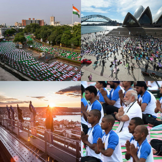 From top left: Yoga in Delhi, Sydney Opera House, PM Modi in Chandigarth, yoga at Sydney Harbour Bridge