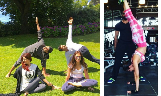 Akshay and Twinkle with friends showing off their yoga poses while Malaika Arora Khan shows off her moves